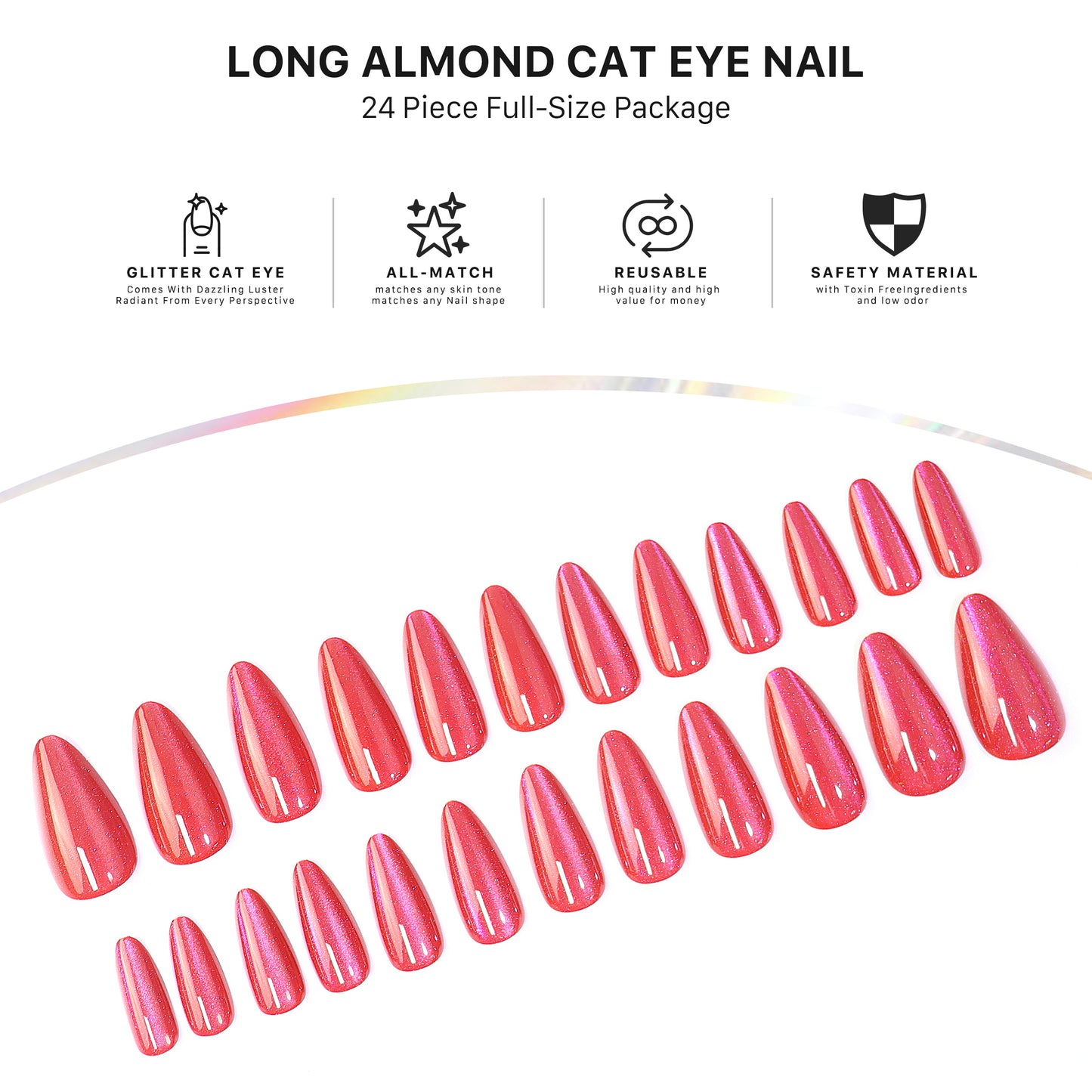 Sparkle Red, Press-on Nails, Almond Shape, Long Length, 24 Pieces, Gel Polish Finish