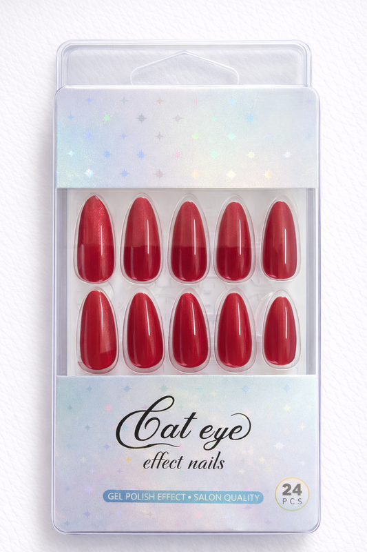 Cat Eye Effect Nails, Sparkle Red, Gel Polish Effect, Salon Quality, 24 Pieces