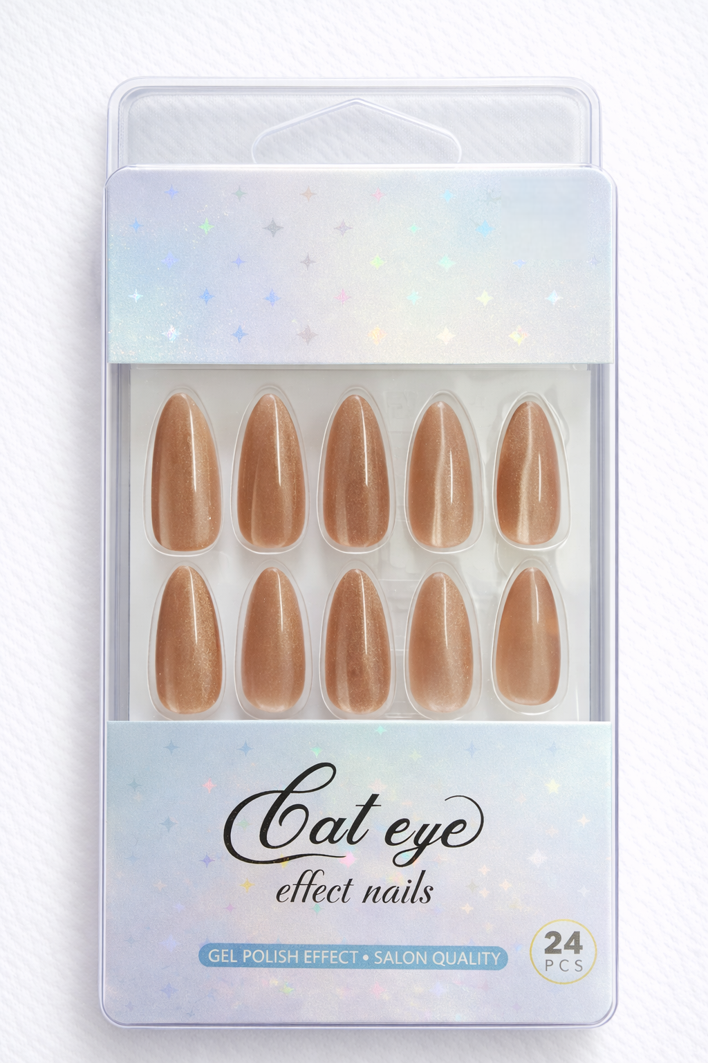 Sparkle Chocolate Brown Cat Eye Effect Press-on Nails, Almond Shape, 24 Pieces, Gel Polish Finish, Salon Quality False Nails