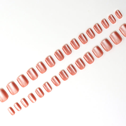 Peachy Pink, Cat Eye Effect, Press-on Nails, Square Shape, Short Length, 24 Pieces, Gel Polish Finish