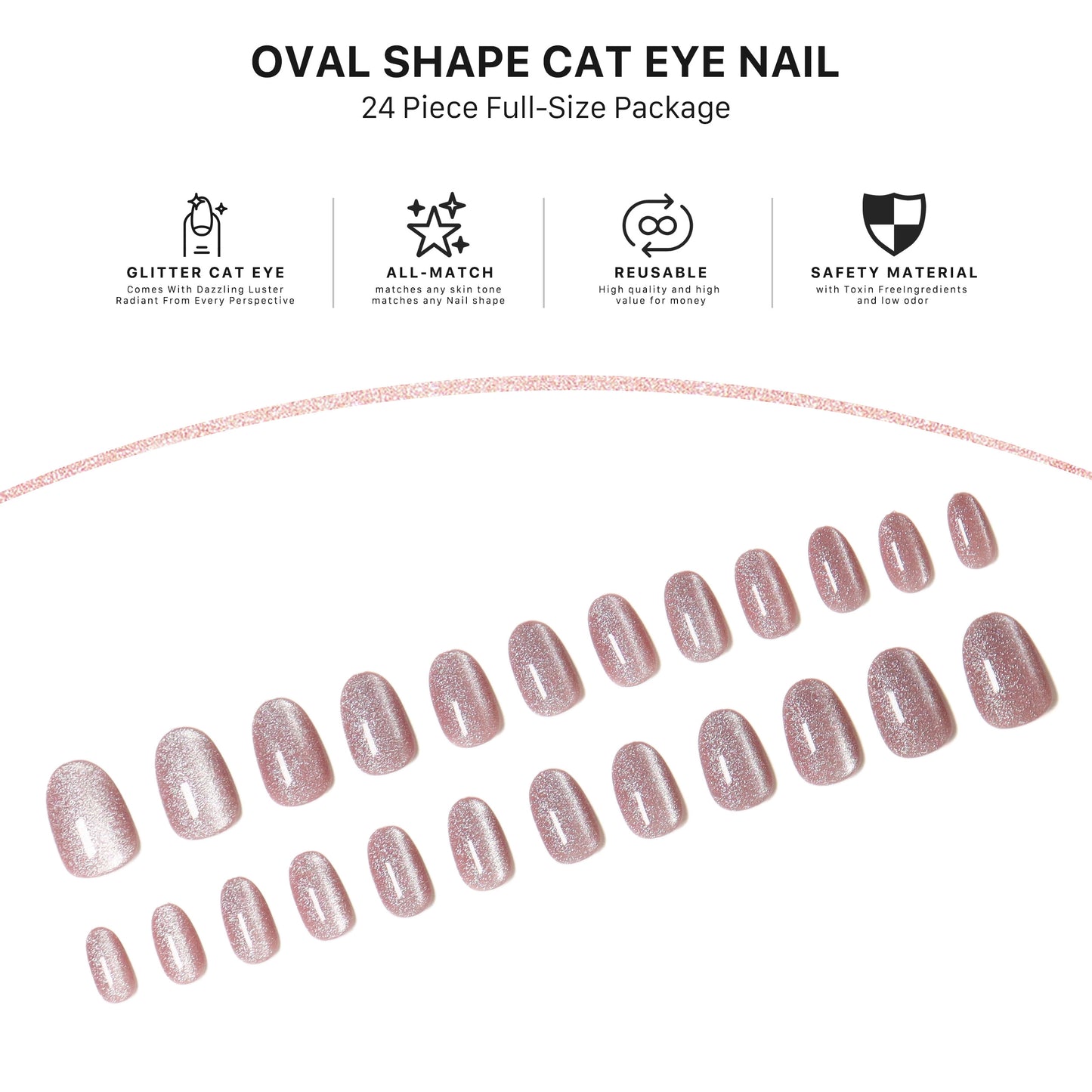 Ballet Blush Nude Cat eye, Press-on Nails, Medium Length, 24 Pieces, Oval Shape, Gel Polish Finish