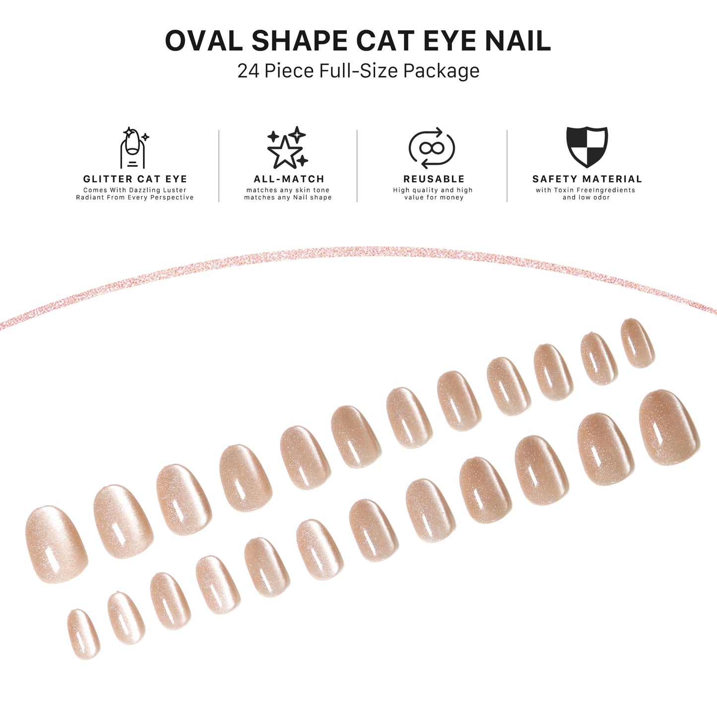 Nude Latte, Cat Eye Effect, Press-on Nails, Oval Shape, Medium Length, 24 Pieces, Gel Polish Finish