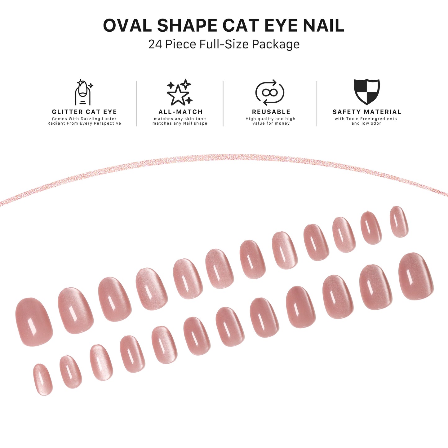 Rose Mocha Cat Eye Effect, Press-on Nails, Oval Shape, Medium Length, 24 Pieces, Gel Polish Finish