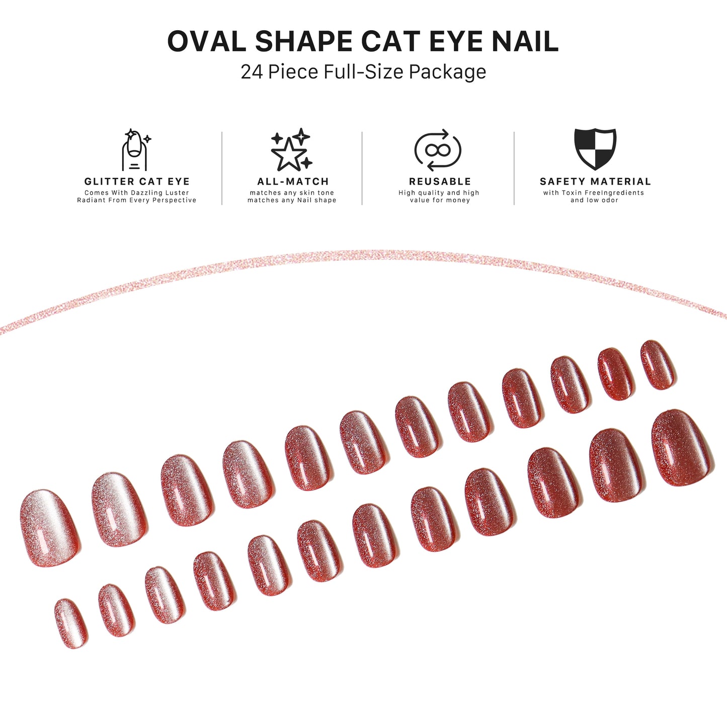 Molten Rose, Cat Eye Effect, Press-on Nails, Oval Shape, Medium Length, 24 Pieces, Gel Polish Finish