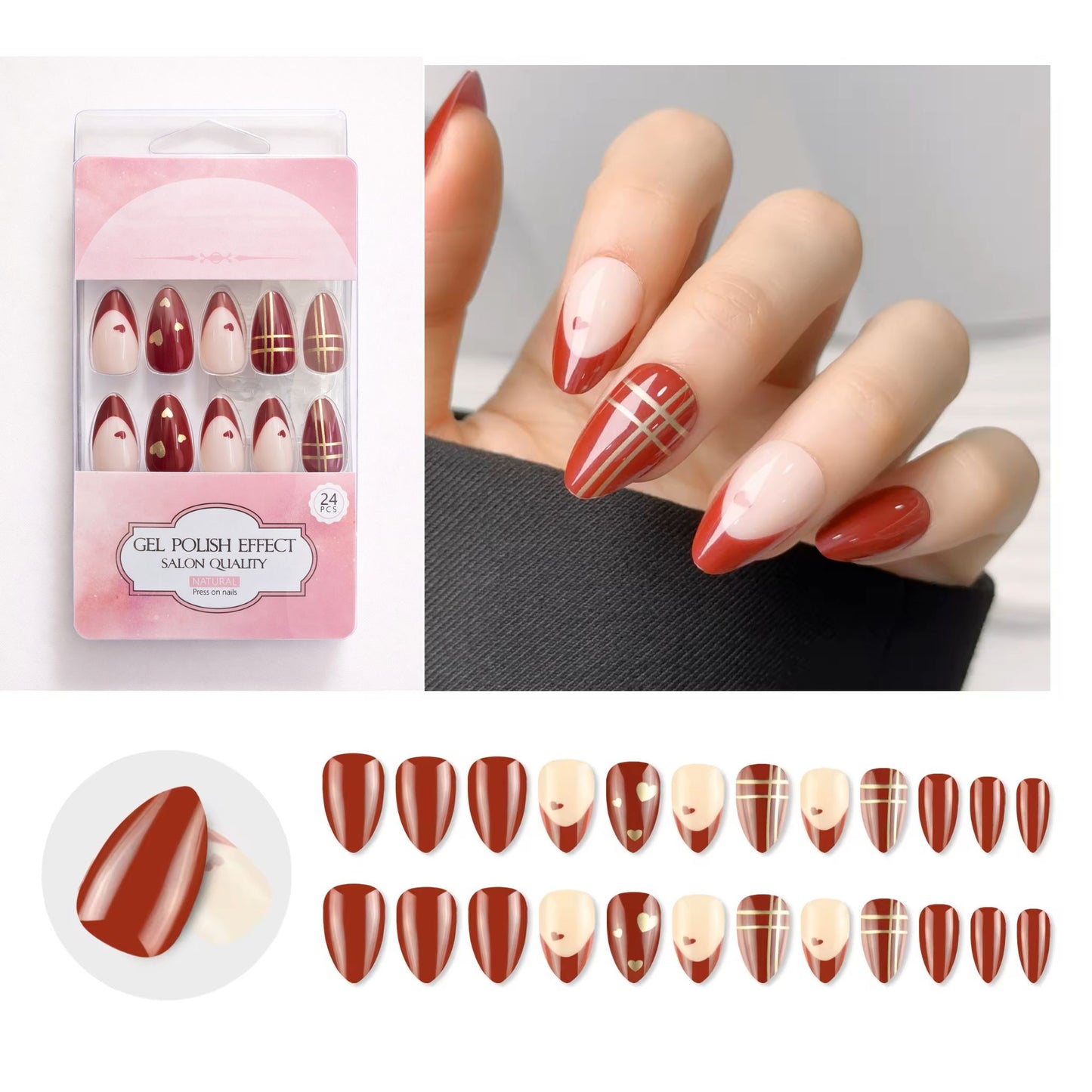 Maroon pink golden hearts Design Nail Art, Press-on Nails, Oval Shape, Medium Length, 24 Pieces, Gel Polish Finish