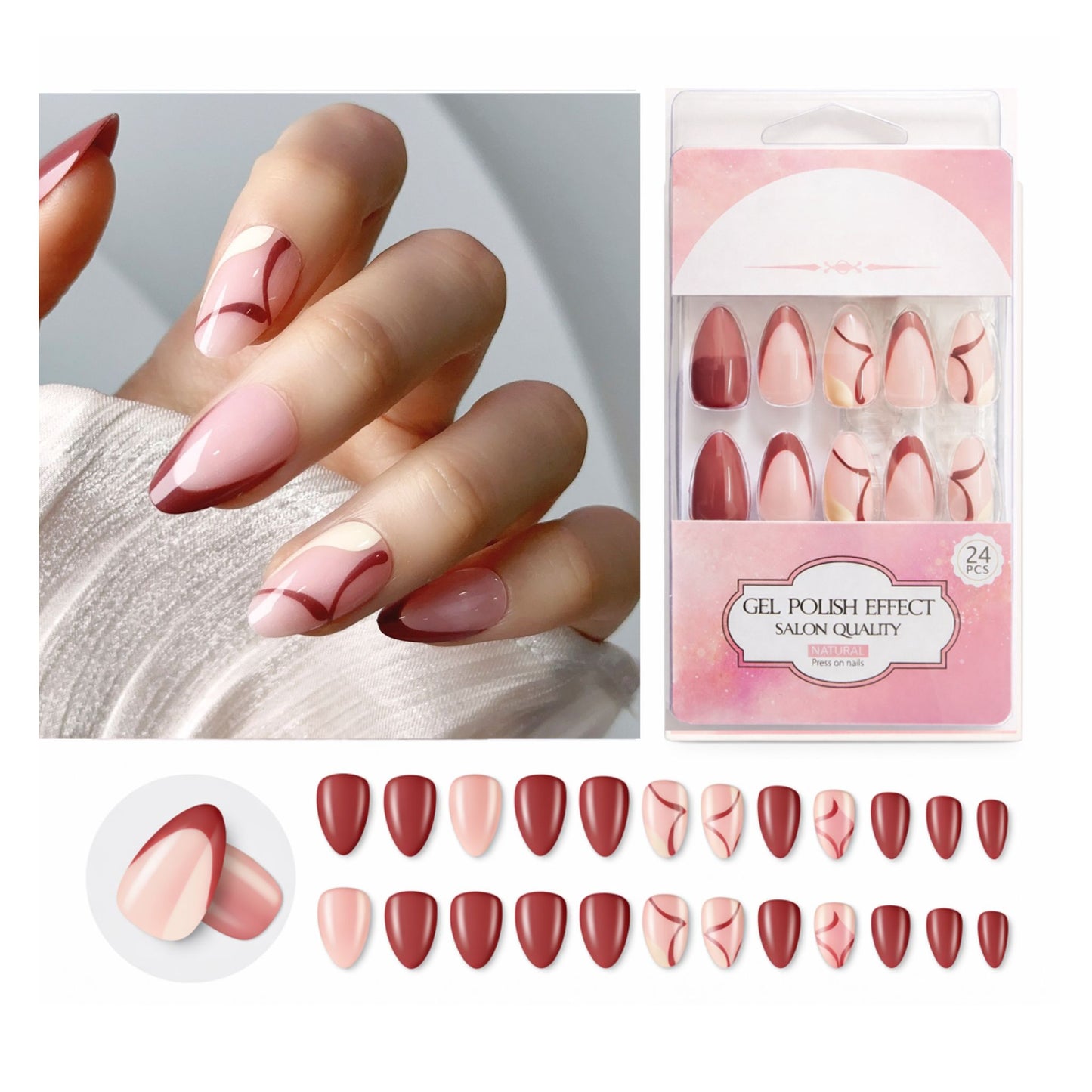 Pink Blush Maroon Wave Design, Press-on Nails, Almond Shape, Medium Length, 24 Pieces, Gel Polish Finish