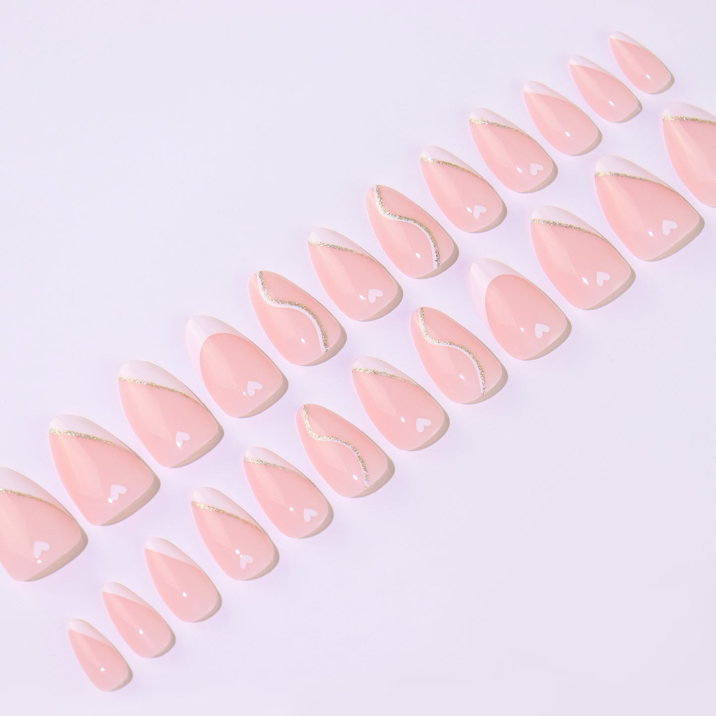 Elegant pink with Silver accents Design, Press-on Nails, Almond Shape, Medium Length, 24 Pieces, Gel Polish Finish