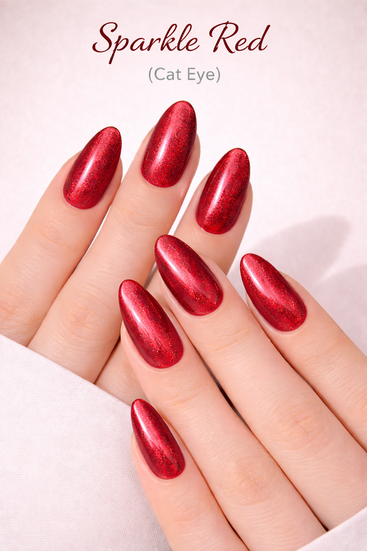Cat Eye Effect Nails, Sparkle Red, Gel Polish Effect, Salon Quality, 24 Pieces