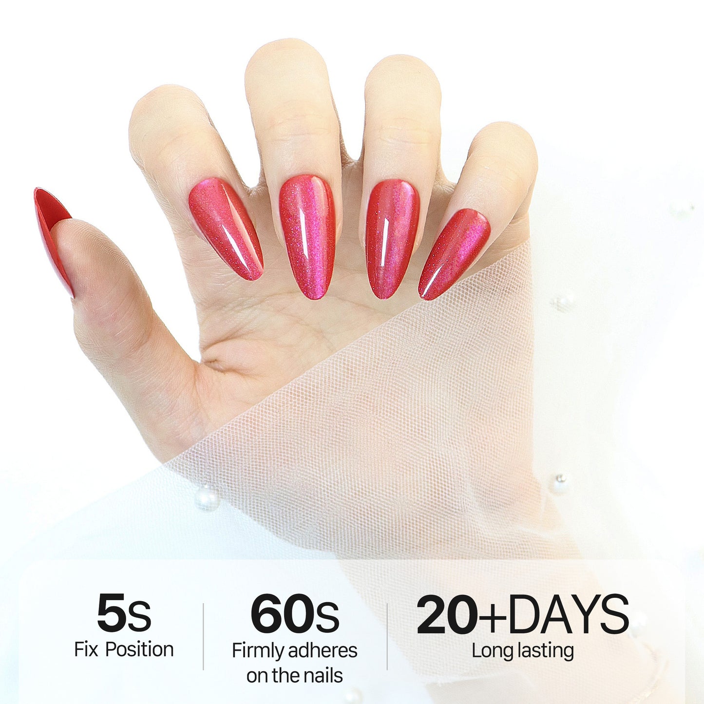 Sparkle Red,  Press-on Nails, Almond Shape, Long Length, 24 Pieces, Gel Polish Finish