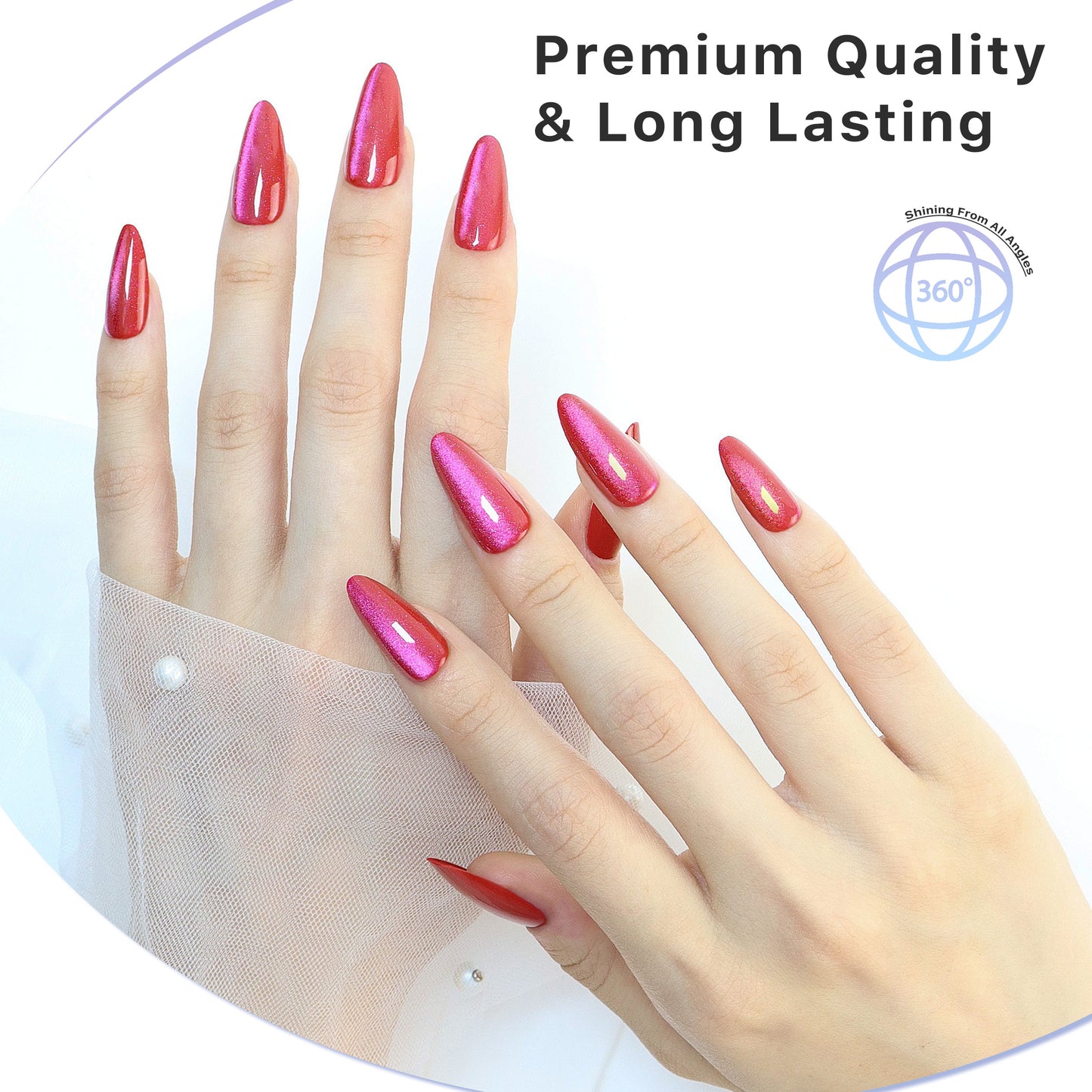 Sparkle Red,  Press-on Nails, Almond Shape, Long Length, 24 Pieces, Gel Polish Finish