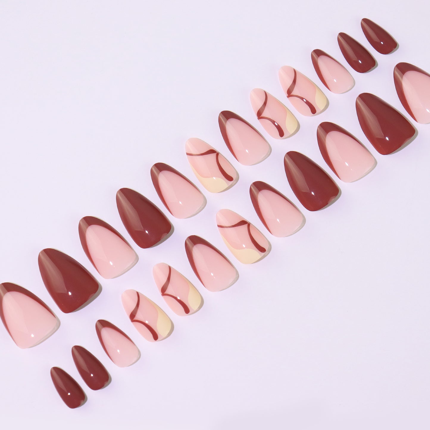 Pink Blush Gold Wave Design, Nail Art, Press-on Nails, Almond Shape, Medium Length, 24 Pieces, Gel Polish Finish
