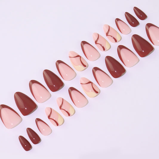 Pink Blush Gold Wave Design, Nail Art, Almond Shape, Medium