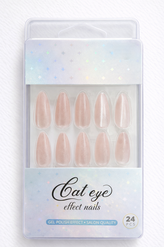 Press-on False Nails, Sparkling Pink, Cat Eye Effect, Gel Polish Finish, Oval Shape, 24 Pieces, Medium Size, Glossy Finish