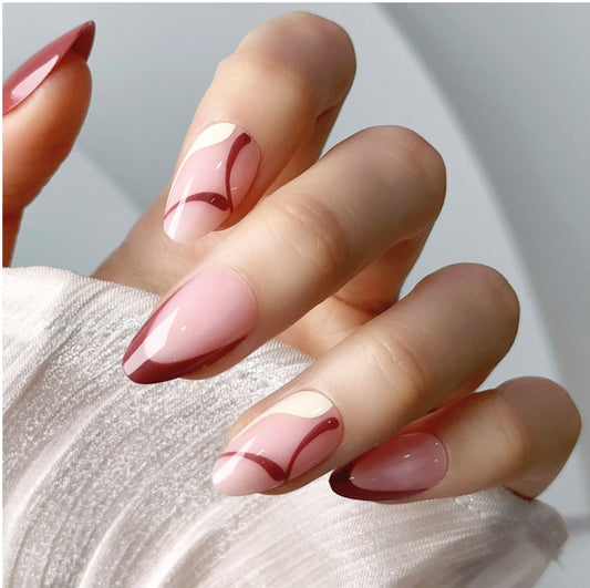 Pink Blush Maroon Wave Design, Press-on Nails, Almond Shape, Medium Length, 24 Pieces, Gel Polish Finish