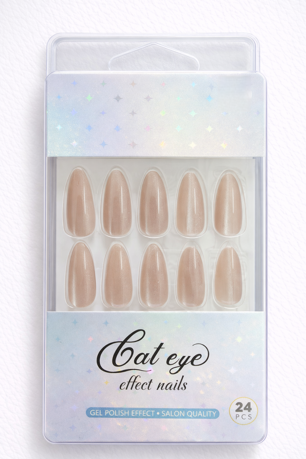 Sparkle Nude Cat eye, Press-on Nails, 24 Pieces, Almond Shape, Gel Polish Finish, Glossy