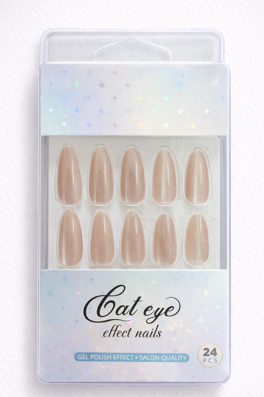 Sparkle Nude Cat eye, Press-on Nails, 24 Pieces, Almond Shape, Gel Polish Finish, Glossy