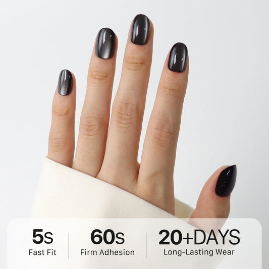 Black Sparking, Cat Eye Effect, Press-on Nails, Oval Shape, Short Length, 24 Pieces, Gel Polish Finish