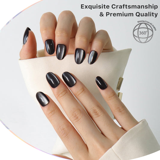Black Sparking, Cat Eye Effect, Press-on Nails, Oval Shape, Short Length, 24 Pieces, Gel Polish Finish