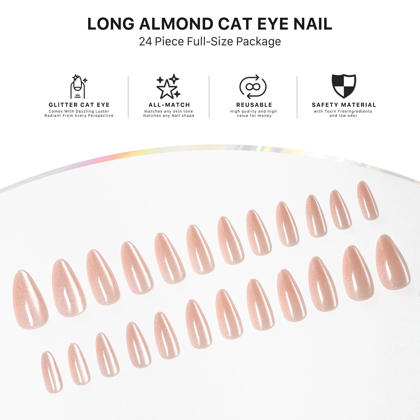 Sparkling Pink, Press-on Nails, Almond Shape, Long Length, 24 Pieces, Gel Polish Finish