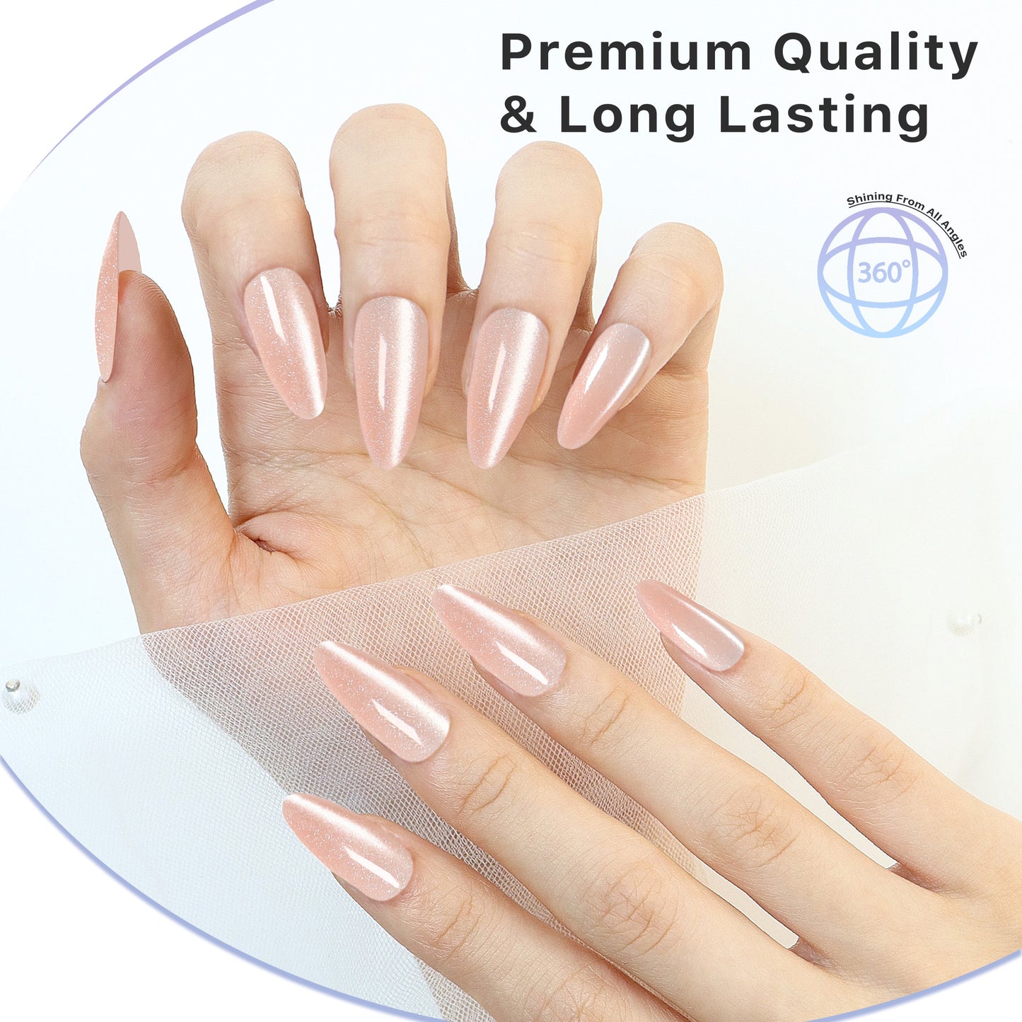 Sparkling Pink, Press-on Nails, Almond Shape, Long Length, 24 Pieces, Gel Polish Finish