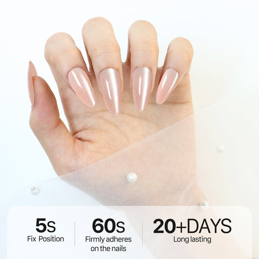 Sparkling Pink, Press-on Nails, Almond Shape, Long Length, 24 Pieces, Gel Polish Finish