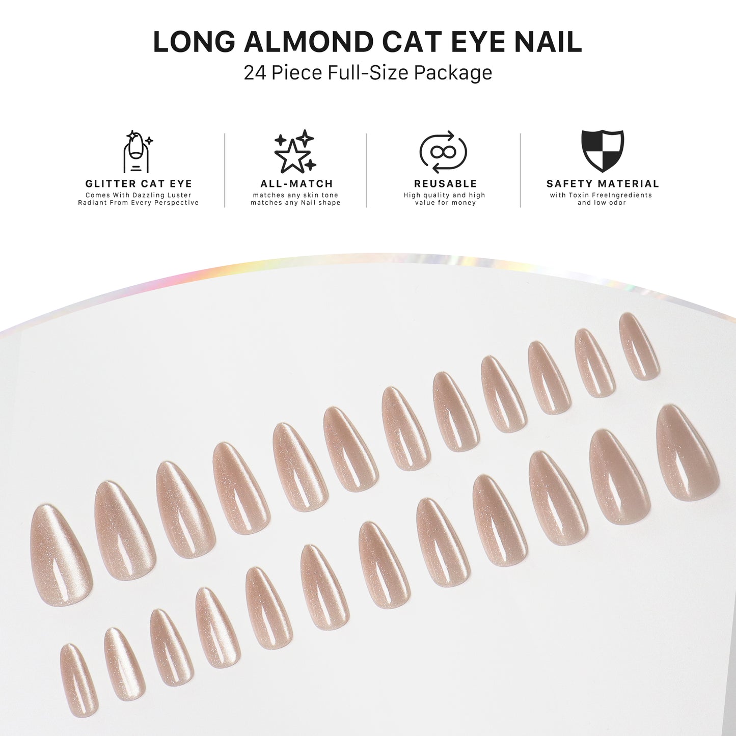 Sparkle Nude, Press-on Nails, Almond Shape, Long Length, 24 Pieces, Gel Polish Finish