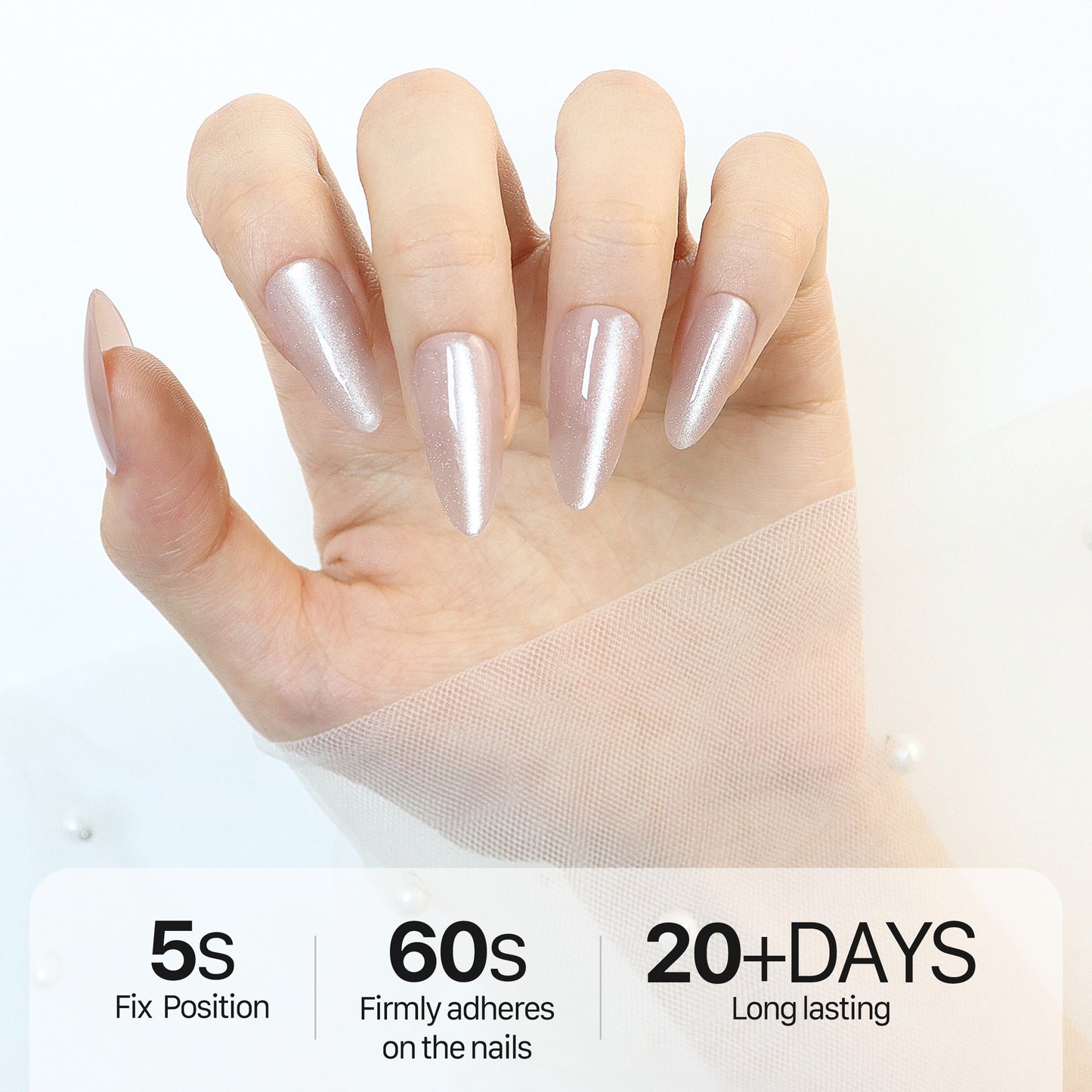 Sparkle Nude, Press-on Nails, Almond Shape, Long Length, 24 Pieces, Gel Polish Finish