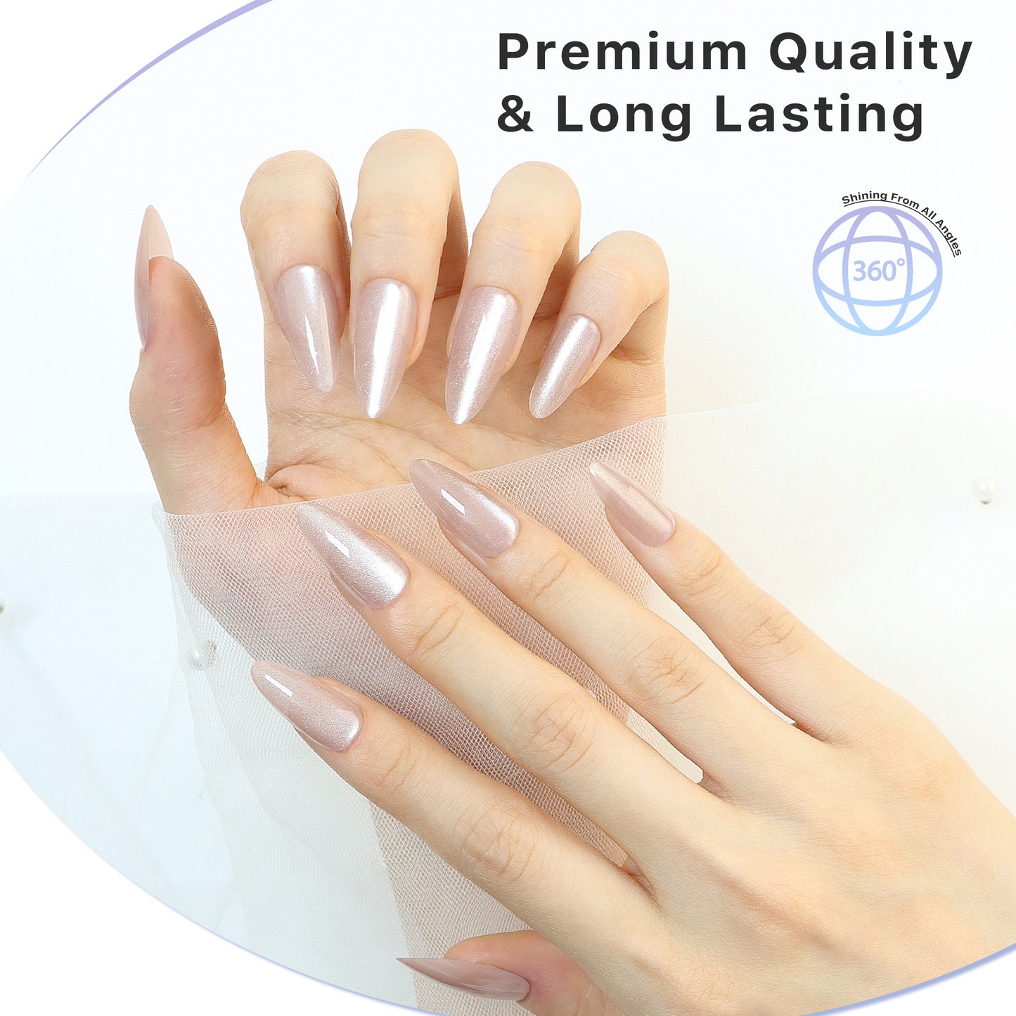 Sparkle Nude, Press-on Nails, Almond Shape, Long Length, 24 Pieces, Gel Polish Finish