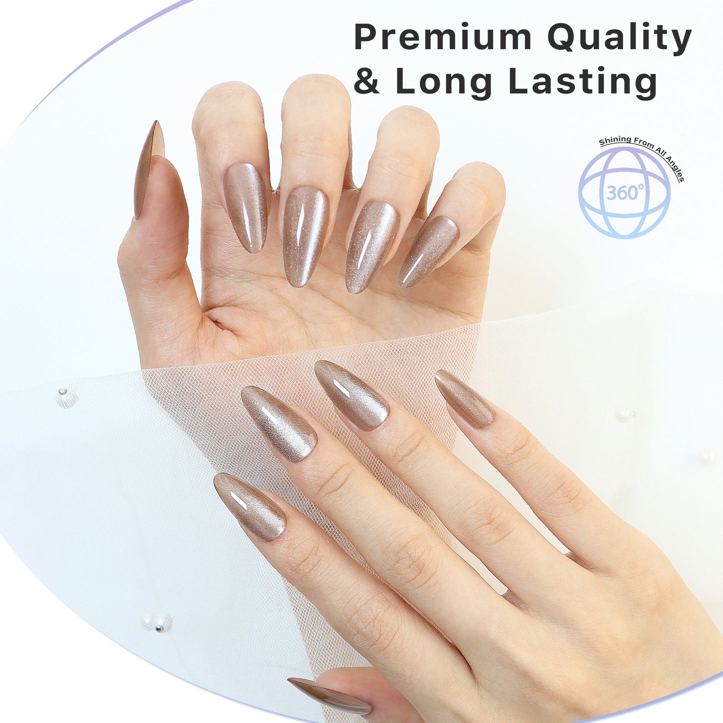 Sparkle Brown, Press-on Nails, Almond Shape, Long Length, 24 Pieces, Gel Polish Finish