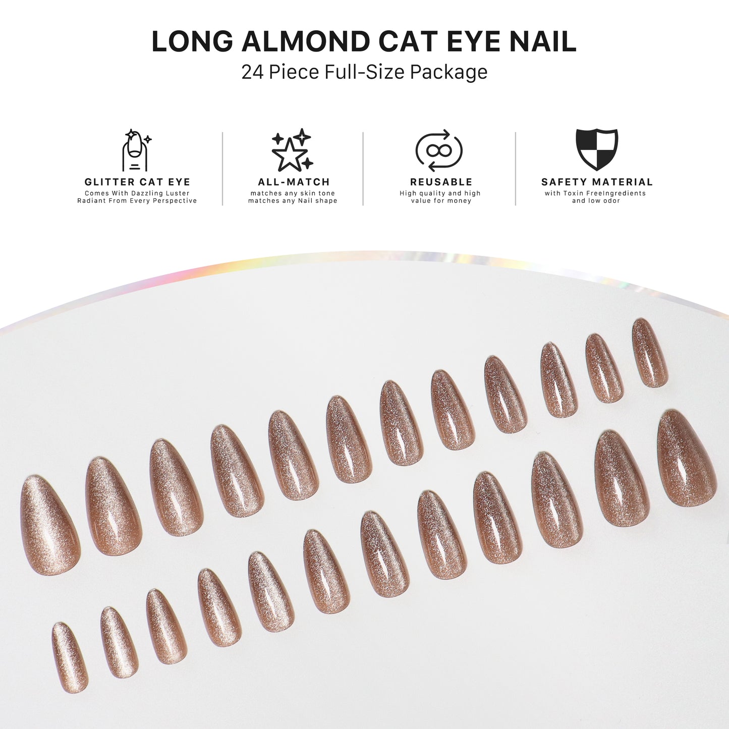 Sparkle Brown, Press-on Nails, Almond Shape, Long Length, 24 Pieces, Gel Polish Finish
