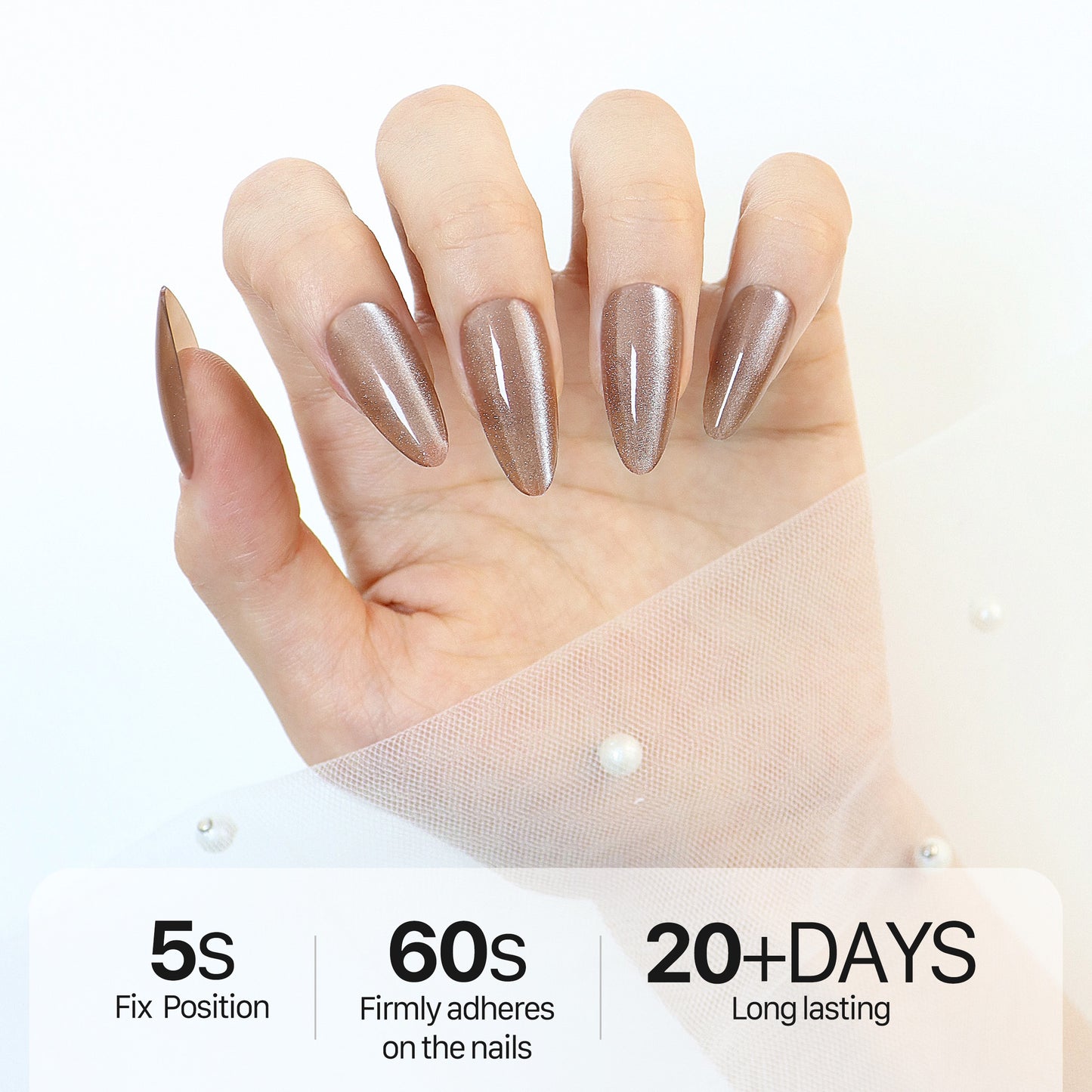 Sparkle Brown, Press-on Nails, Almond Shape, Long Length, 24 Pieces, Gel Polish Finish