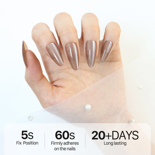 Sparkle Brown, Press-on Nails, Almond Shape, Long Length, 24 Pieces, Gel Polish Finish