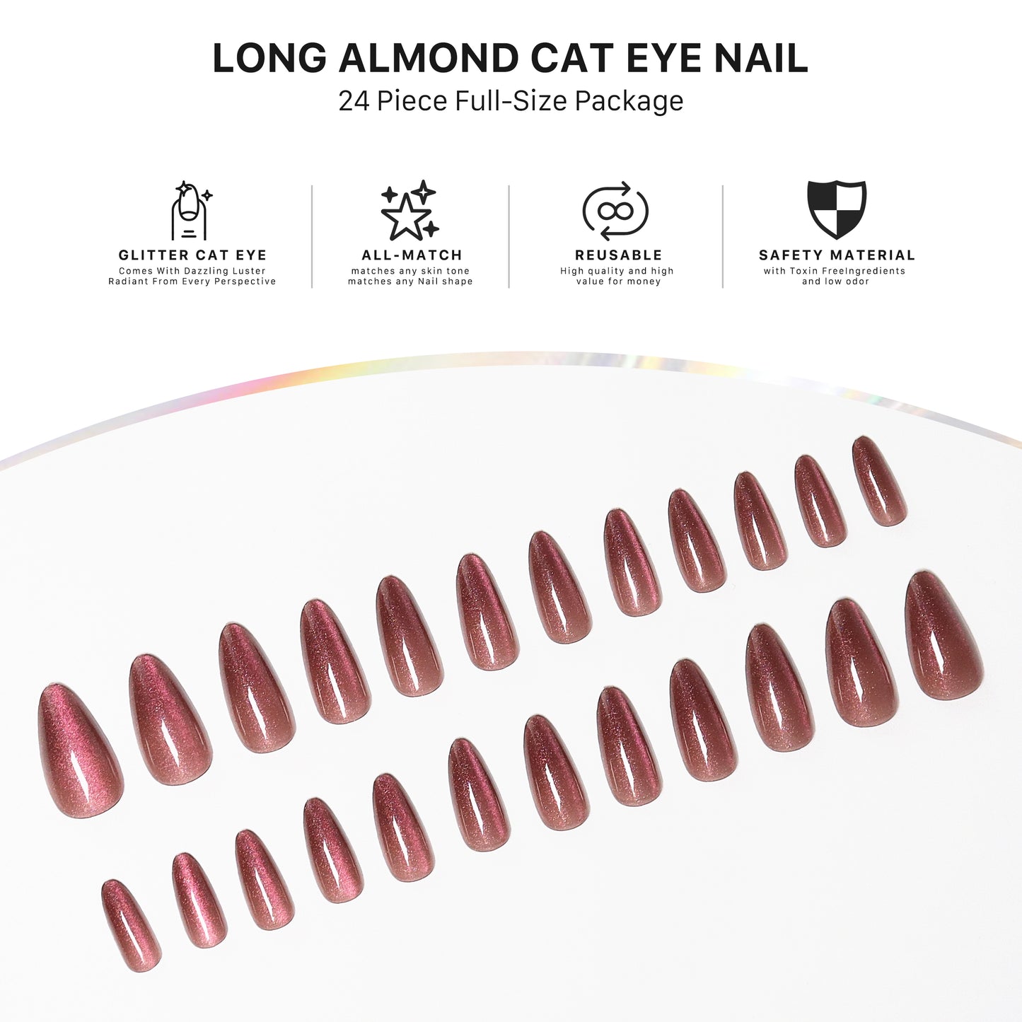 Sparkle Chocolate Brown  Press-on Nails, Almond Shape, Long Length, 24 Pieces, Gel Polish Finish
