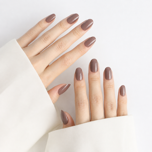 Mocha Nude,  Press-on Nails, 24 Pieces, Oval Shape, Gel Polish Finish, Glossy, Medium length