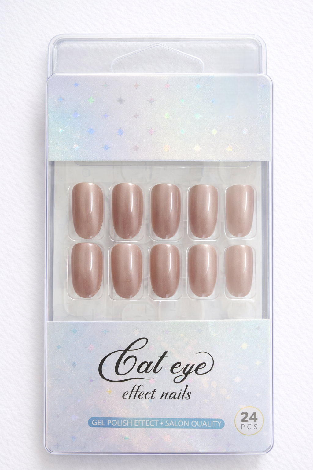 Dusty Rose Cat Eye Effect Press-on Nails, 24 Pieces, Oval Shape, Gel Polish Finish, Glossy, ABS Plastic, Medium Size