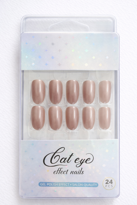 Dusty Rose Cat Eye Effect Press-on Nails, 24 Pieces, Oval Shape, Gel Polish Finish, Glossy, ABS Plastic, Medium Size
