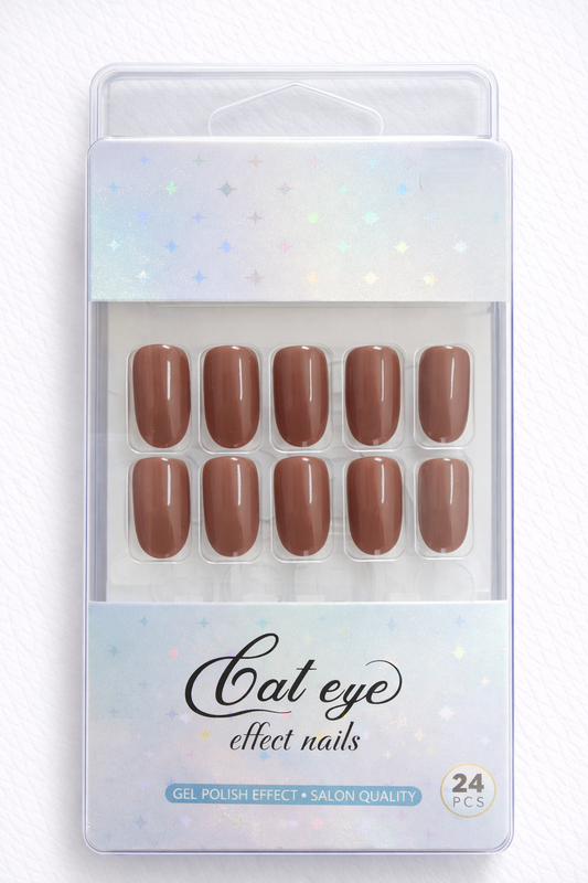 Cat Eye Effect Press-on Nails, Caramel Nude, Oval Shape, Gel Polish Finish, 24 Pieces, Salon Quality, Reusable False Nails Matt