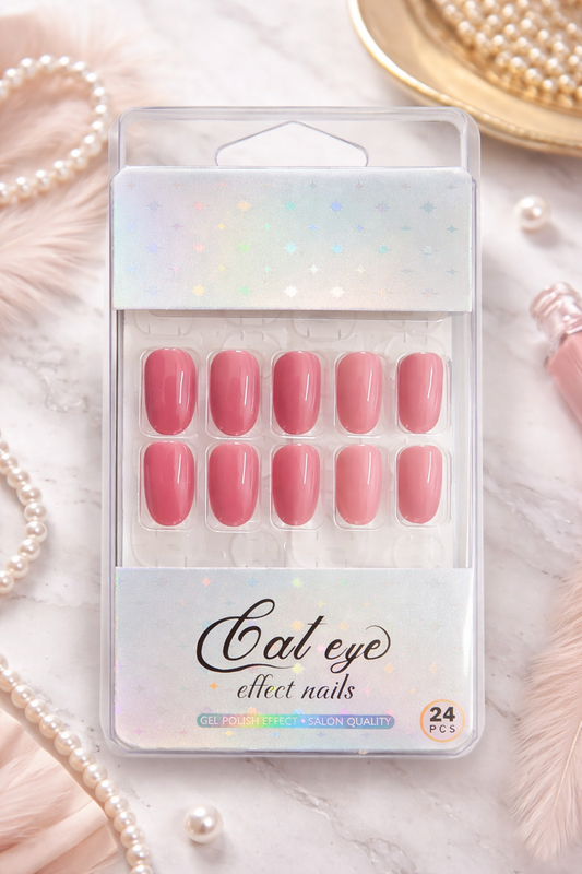 Cat Eye Effect Press-on Nails, Rose Petal Pink, Oval Shape, Gel Polish Finish, 24 Pieces, Salon Quality, Reusable False Nails with Magnetic Shimmer