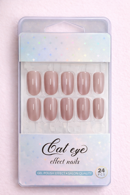 Press-on False Nails, Muted Rose Pink, Cat Eye Effect, Gel Polish Finish, Oval Shape, 24 Pieces, Medium Size, Glossy Finish