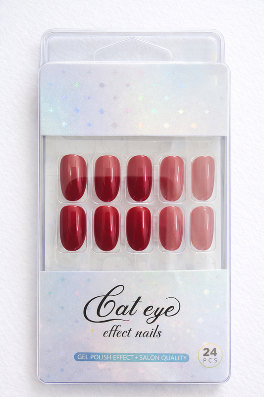 Cat Eye Effect Press-on Nails, Ruby Red, Oval Shape, 24 Pieces, Gel Polish Finish, Salon Quality, Reusable False Nails with Magnetic Shimmer