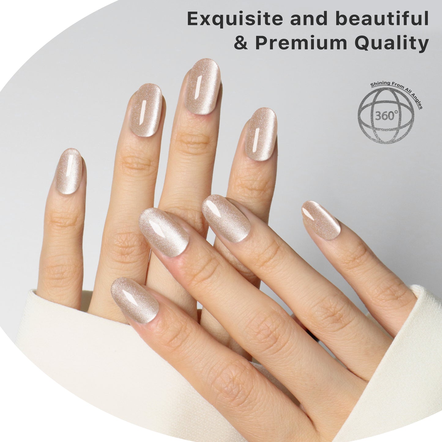 Nude Latte, Cat Eye Effect, Press-on Nails, Oval Shape, Medium Length, 24 Pieces, Gel Polish Finish