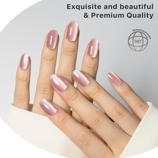 Rose Mocha Nude Cat Eye Effect, Press-on Nails, , Oval Shape, 24 Pieces, Gel Polish Finish, Salon Quality, Reusable False Nails with Magnetic Shimmer