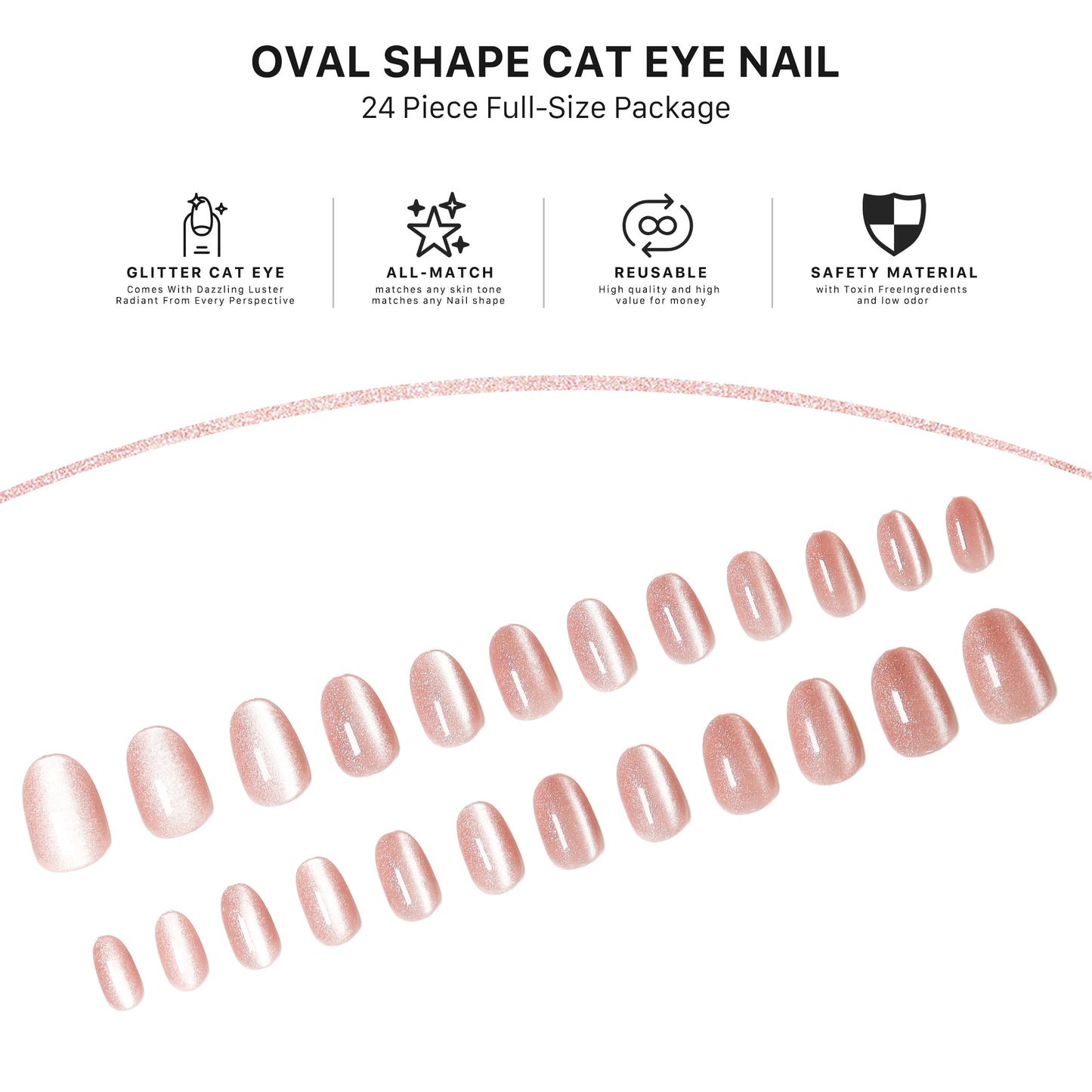 Rose Latte Cat eye, Press-on Nails, Medium Length, 24 Pieces, Oval Shape, Gel Polish Finish