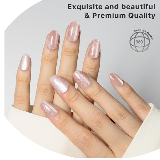 Rose Latte Cat eye, Press-on Nails, 24 Pieces, Oval Shape, Gel Polish Finish