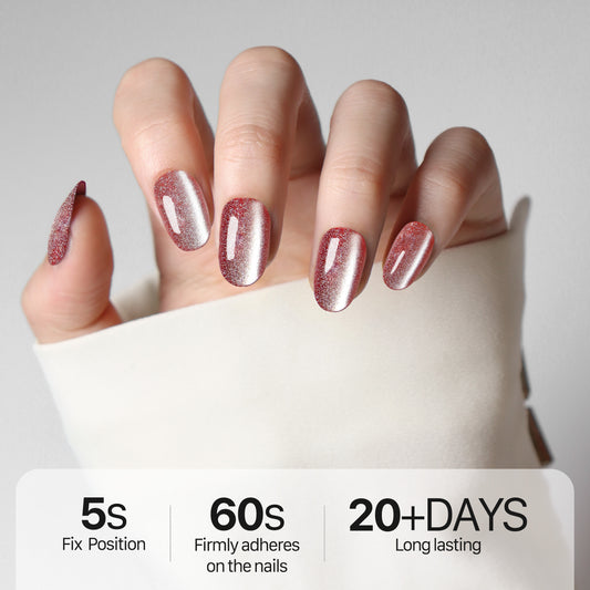 Molten Rose, Cat Eye Effect Press-on Nails, 24 Pieces, Almond Shape, Gel Polish Finish, Sparkle Red with Magnetic Shimmer