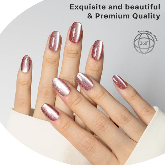 Molten Rose, Cat Eye Effect Press-on Nails, 24 Pieces, Almond Shape, Gel Polish Finish, Sparkle Red with Magnetic Shimmer