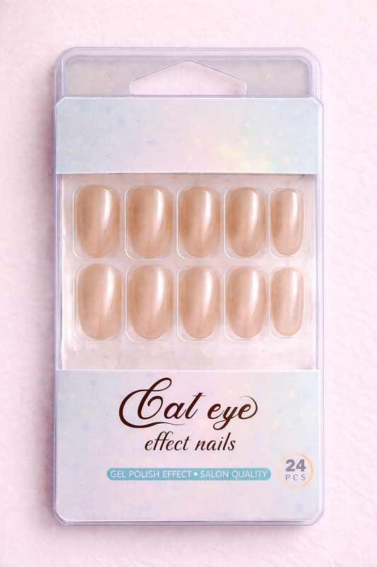Press-on False Nails with Nude Latte Cat eye, 24 Pieces, Oval Shape, Glossy Finish, ABS Plastic