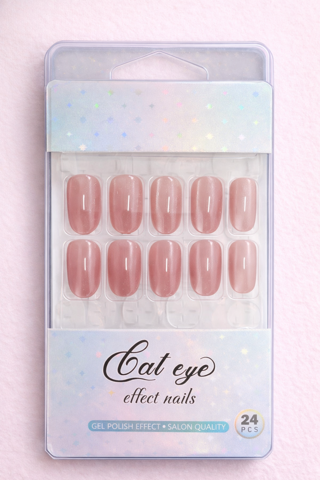 Rose Latte Cat eye, Press-on Nails, 24 Pieces, Oval Shape, Gel Polish Finish, Glossy