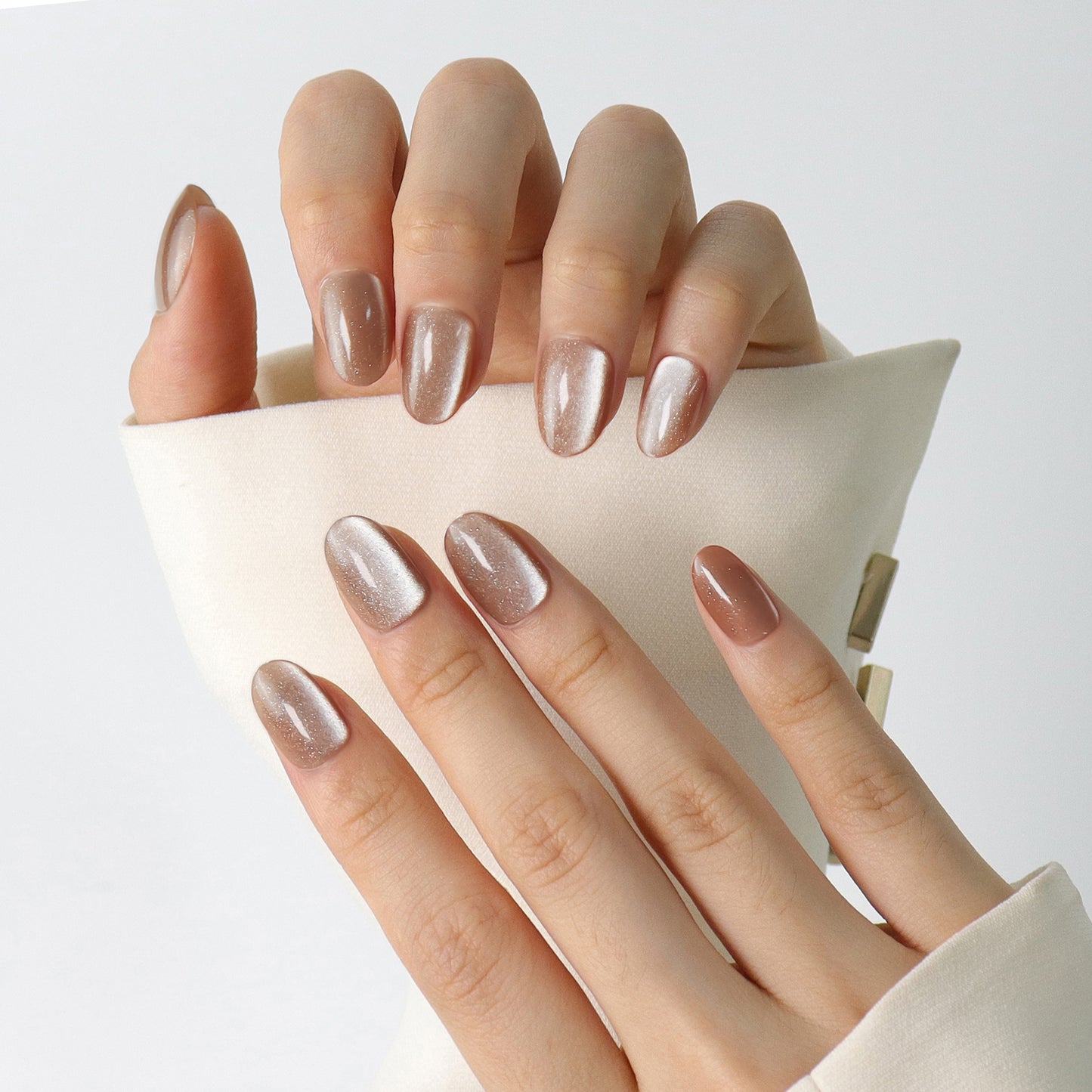 Brown Sparking Cateye Press On Short Nails(Oval)