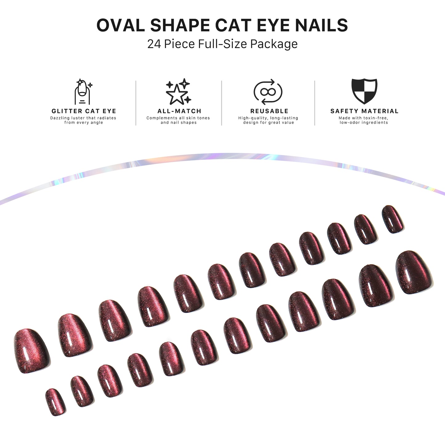 Maroon Sparking, Cat Eye Effect, Press-on Nails, Oval Shape, Short Length, 24 Pieces, Gel Polish Finish
